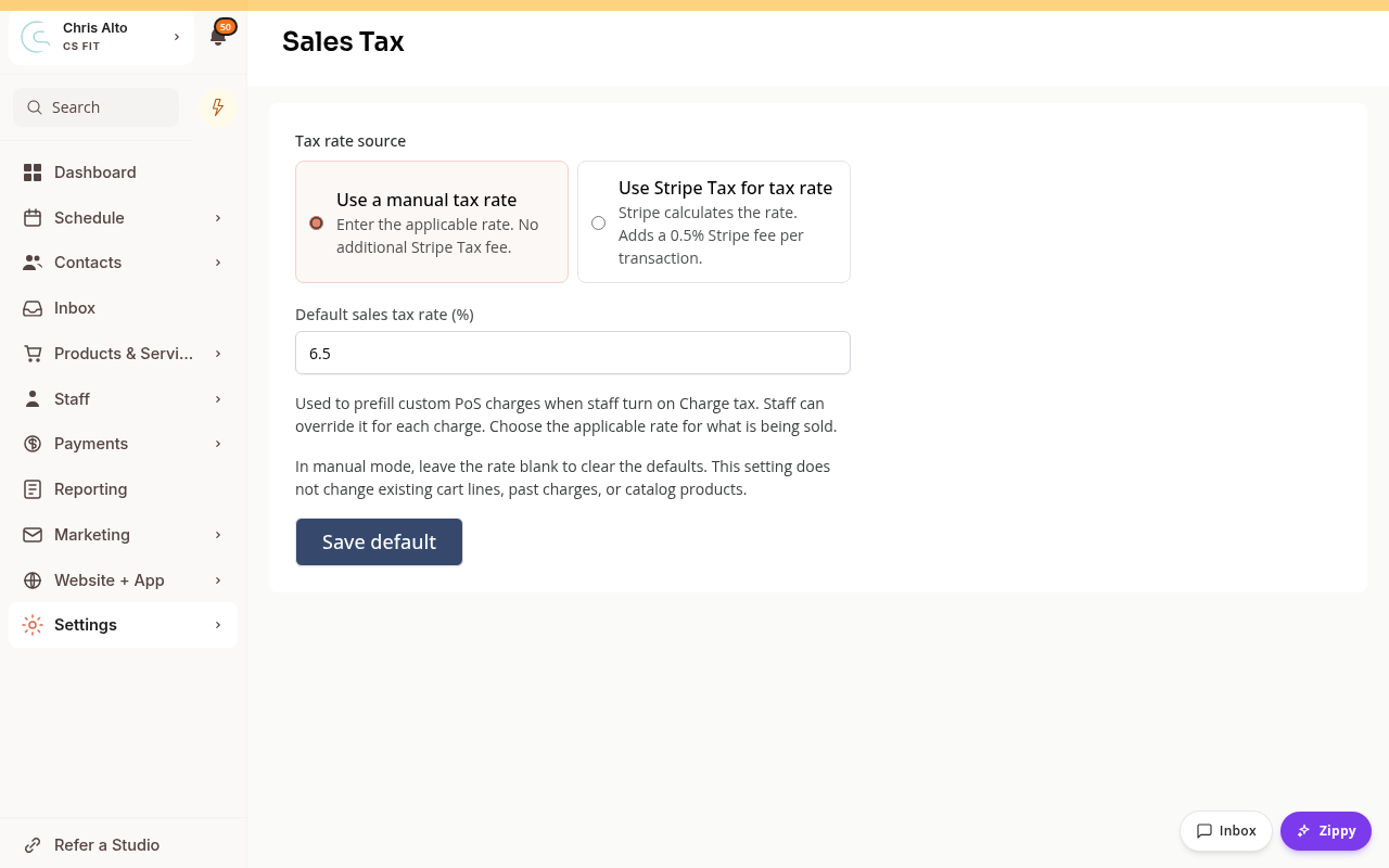 The Sales Tax settings page showing the default source and rate