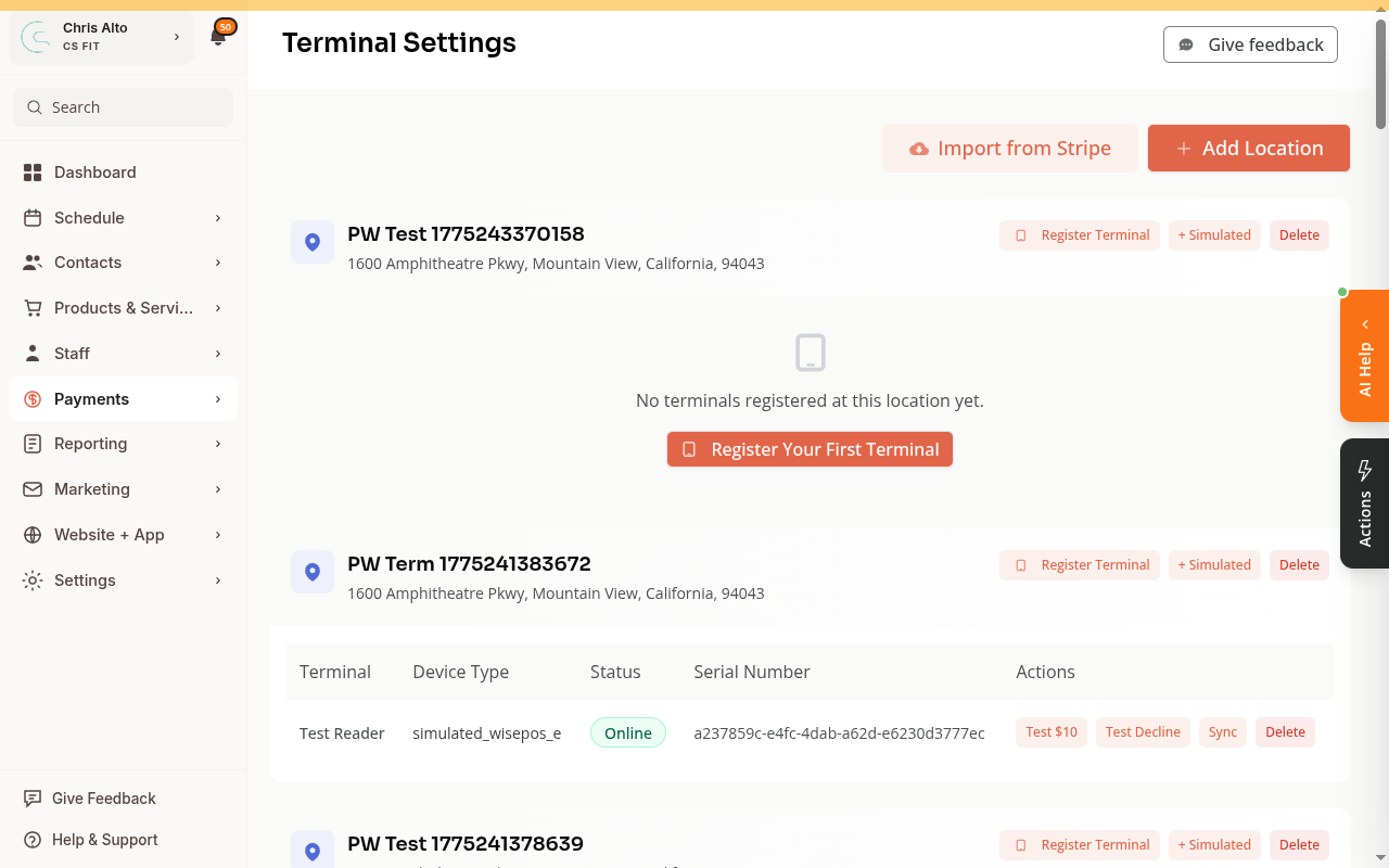 The Terminal Settings page showing existing locations, reader status, and Add Location button