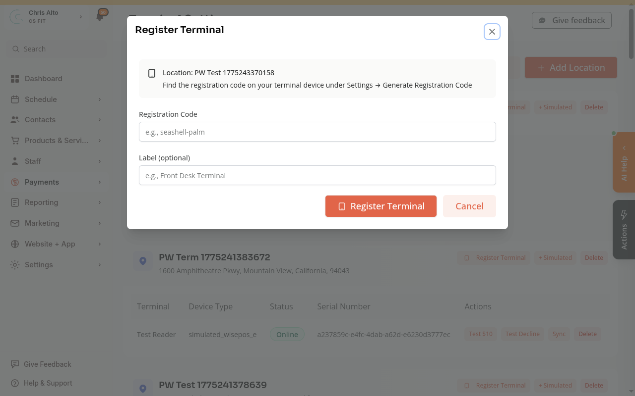 The Register Terminal modal with fields for Registration Code and Label