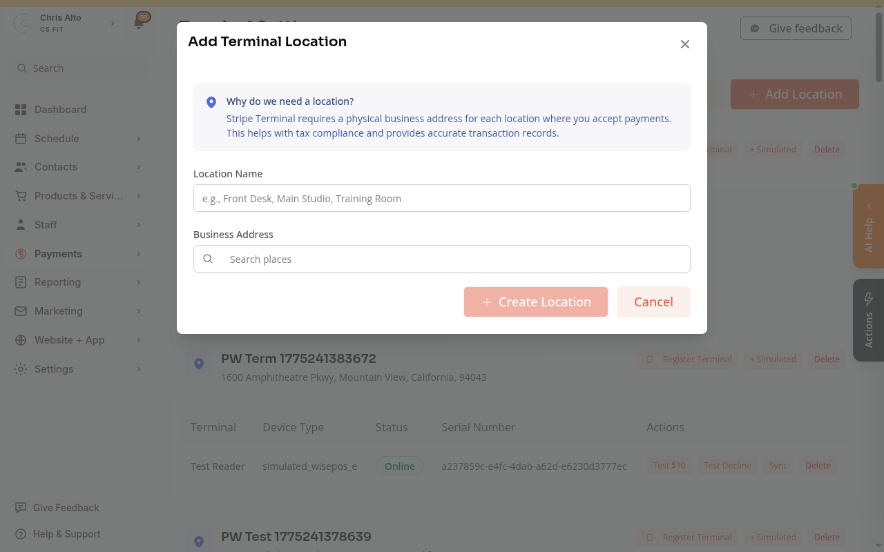 The Add Terminal Location modal with an address search field