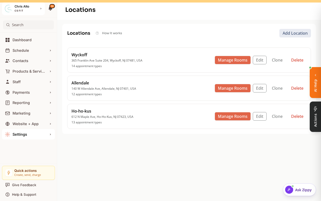 The Locations page listing your locations, each with a Manage Rooms button
