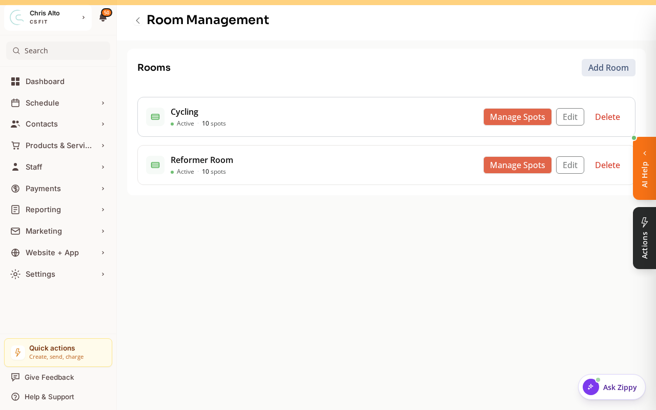 The Manage Rooms page for a location, listing rooms with Edit, Delete, and Manage Spots options