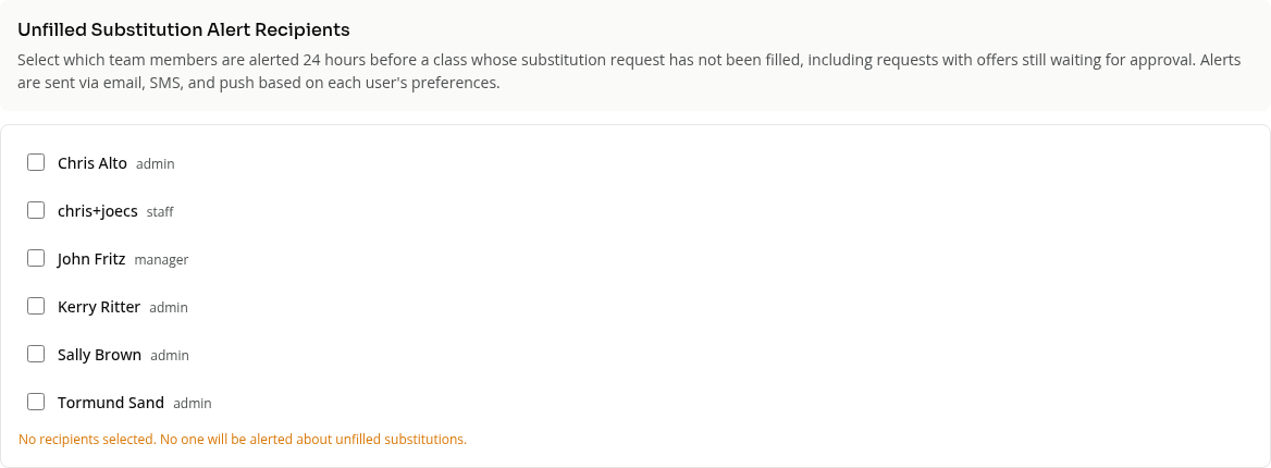 Unfilled Substitution Alert Recipients in board settings
