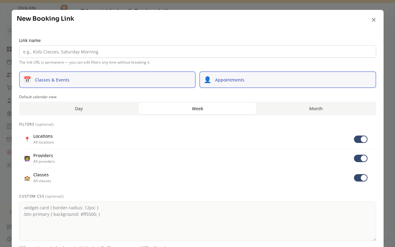 The New Booking Link window with a link name field and filters for classes, instructors, and locations