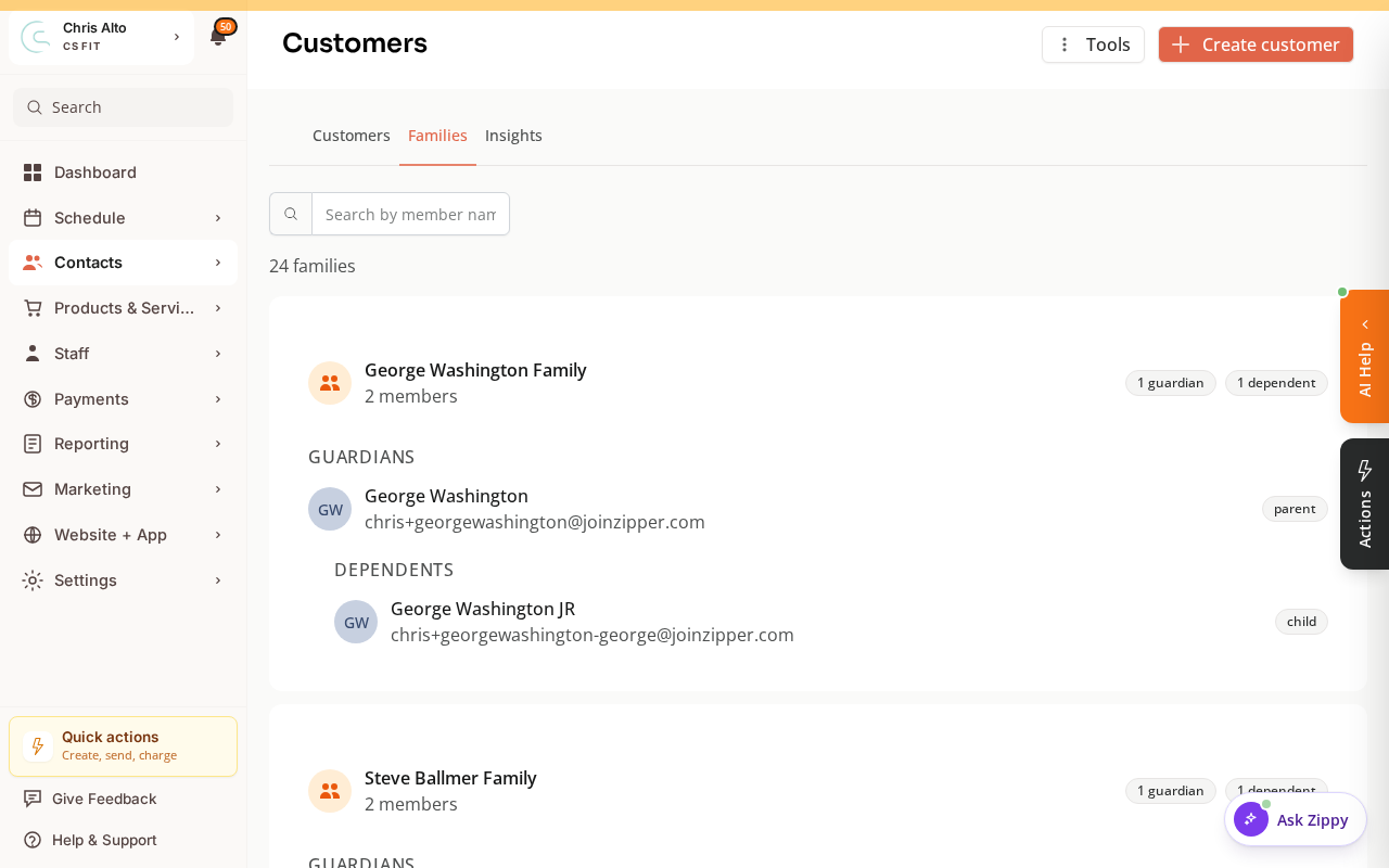 The Families tab in Contacts, listing family groups with their guardians and members