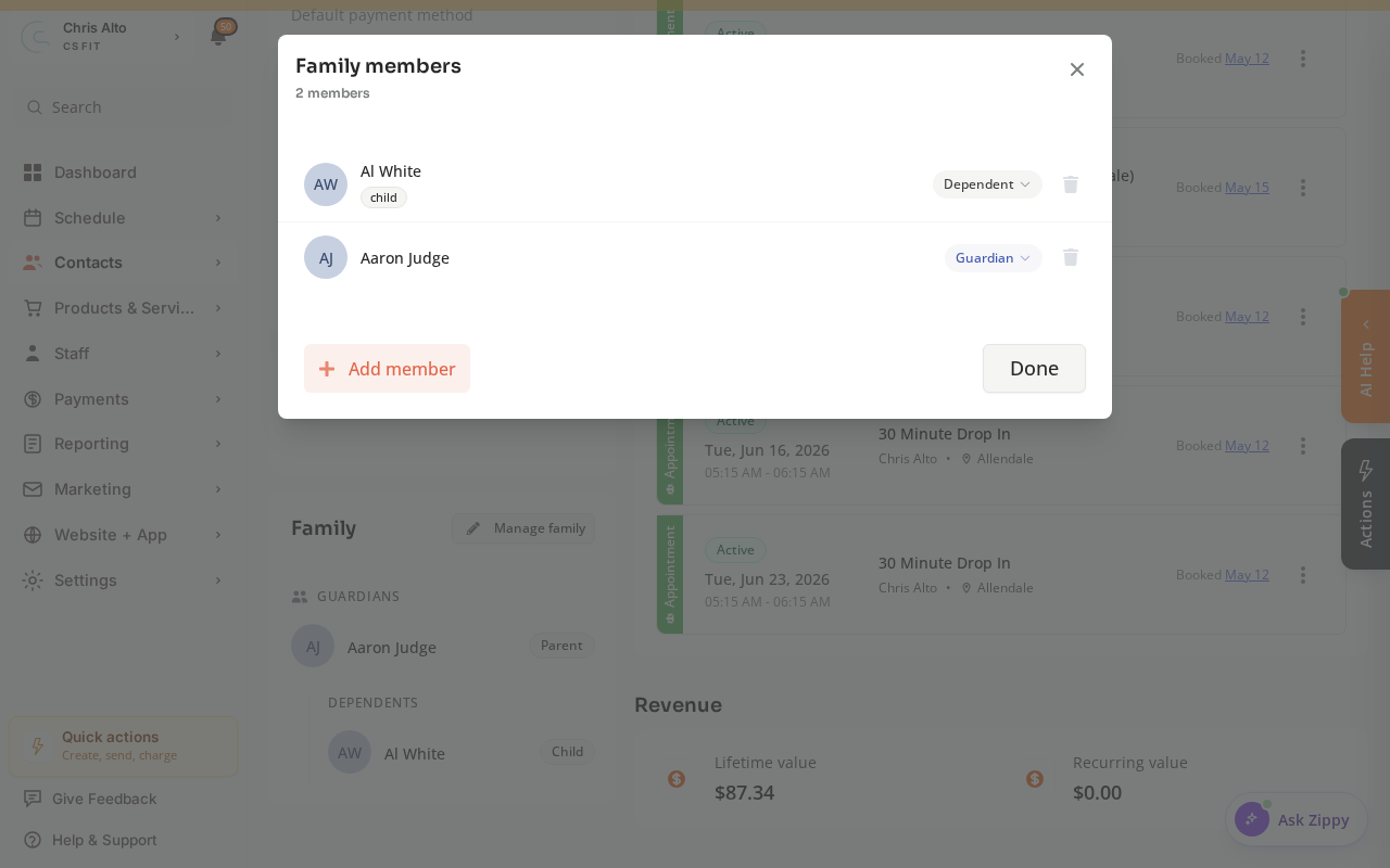 The Manage family window where you add guardians and dependents to a family group