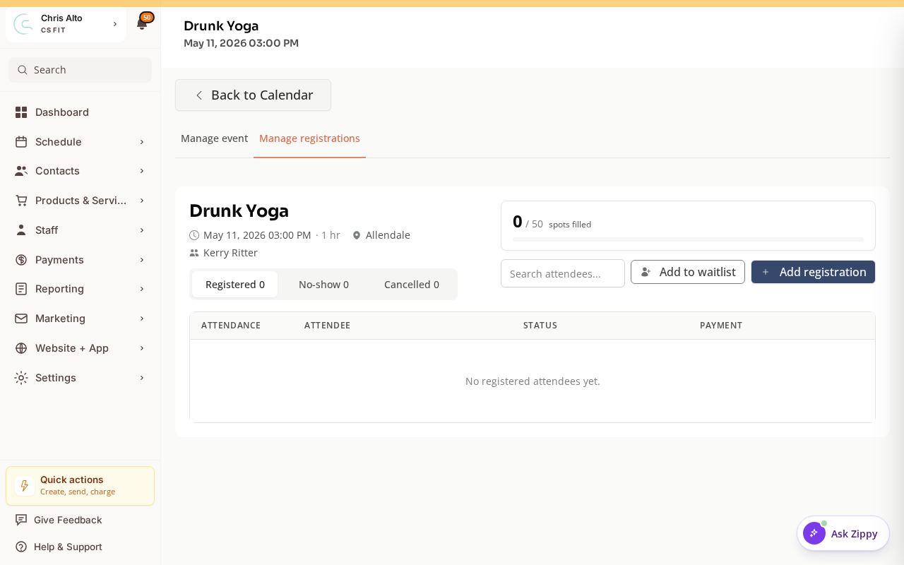 A class session's Manage registrations tab with an Add registration button