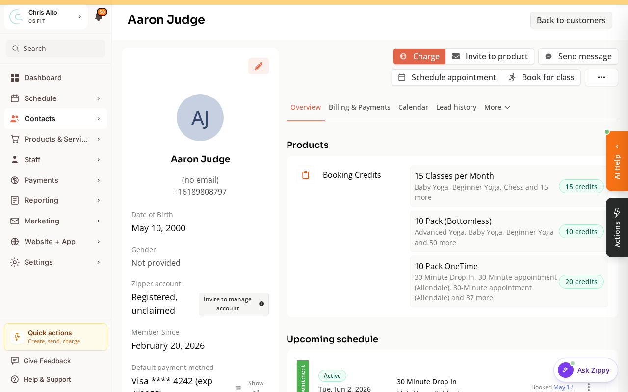 A member profile showing their details, subscriptions, and account status
