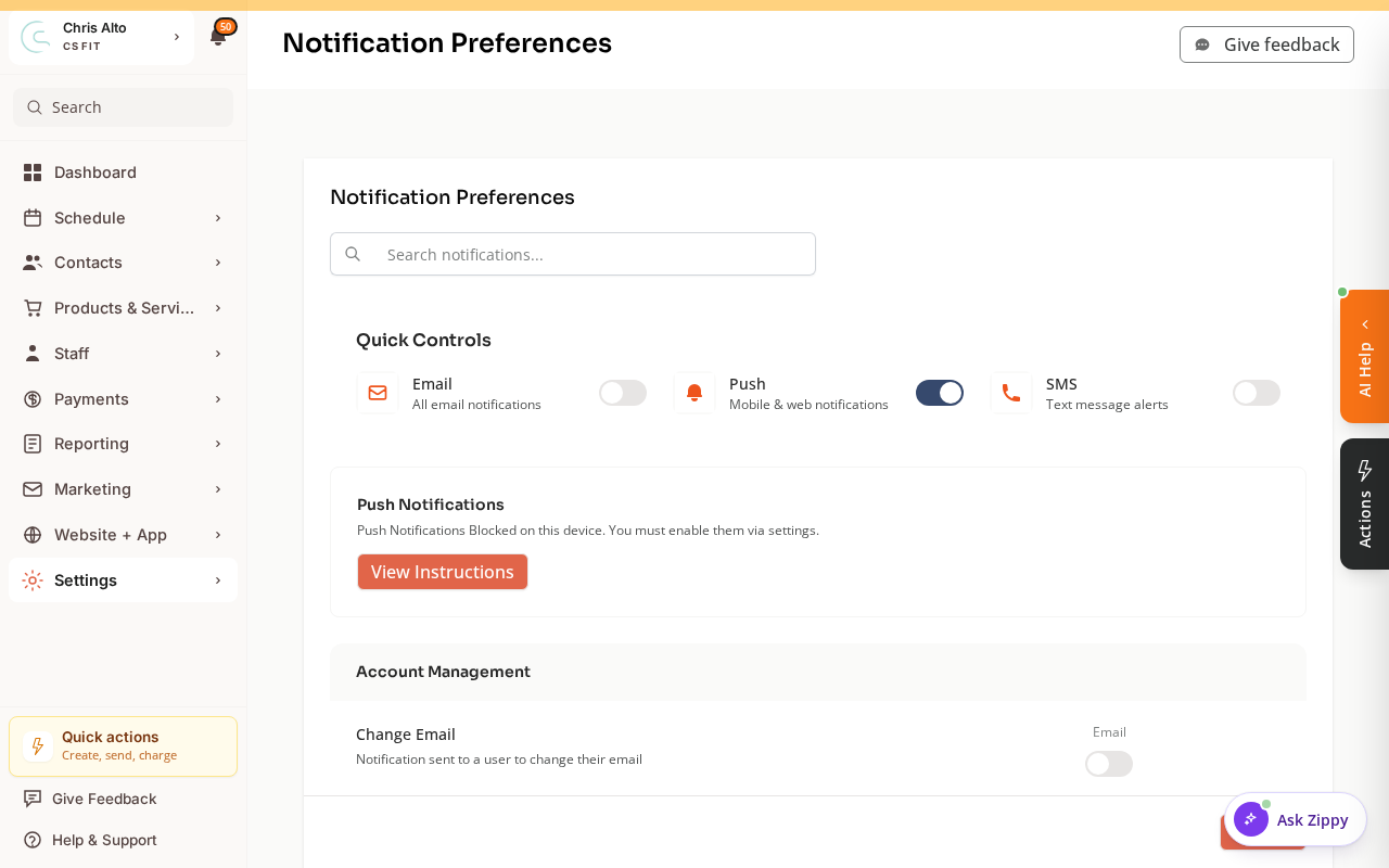 The My Notifications page with per-type Email, SMS, and Push toggles