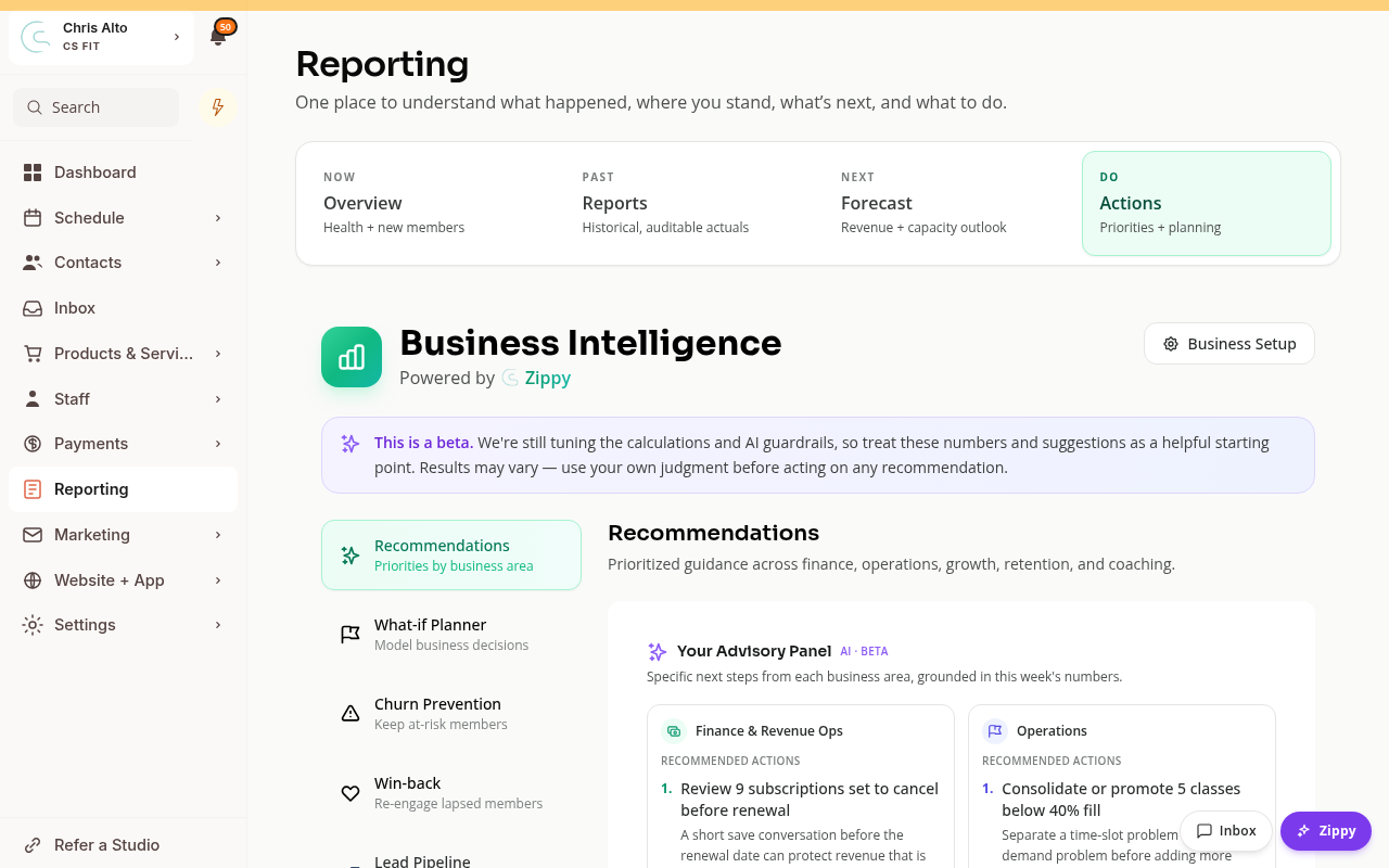 The Actions view showing recommendations and business planning tools