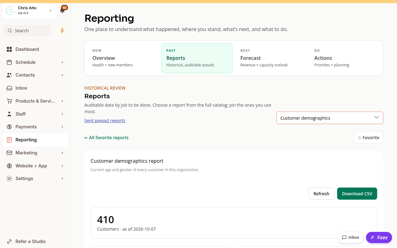 The Customer demographics report with charts and a customer list