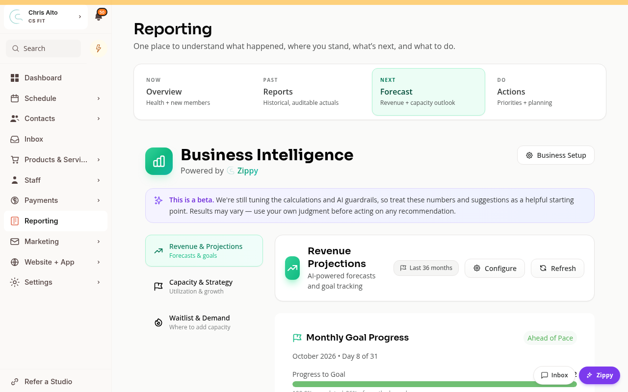 The Forecast view with revenue projections and goal progress