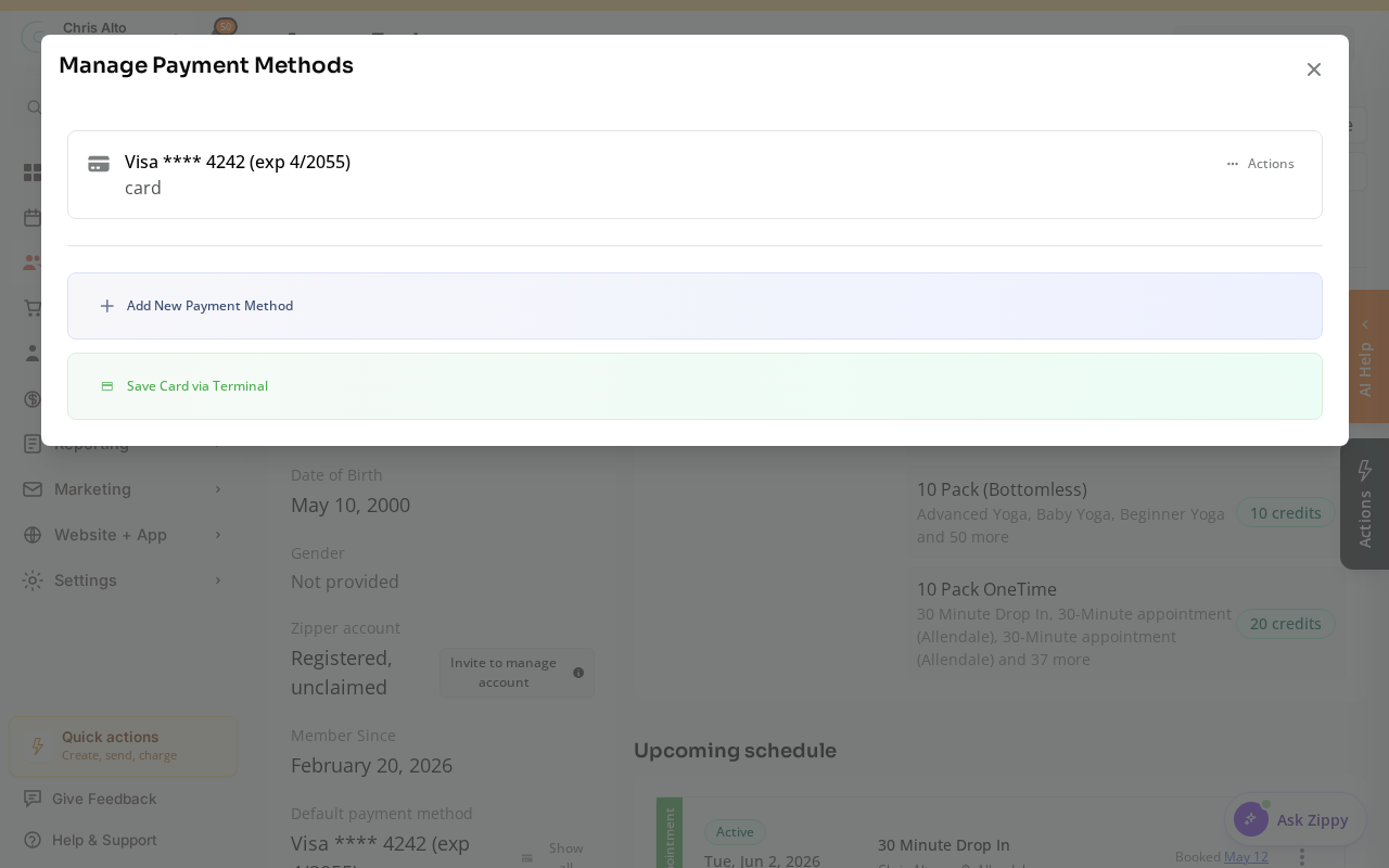 The Manage Payment Methods window showing a saved card, Add New Payment Method, and Save Card via Terminal