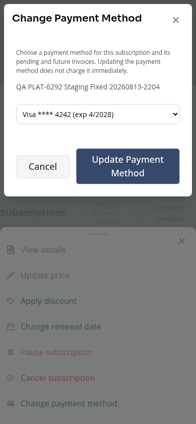 The subscription payment method editor on a phone