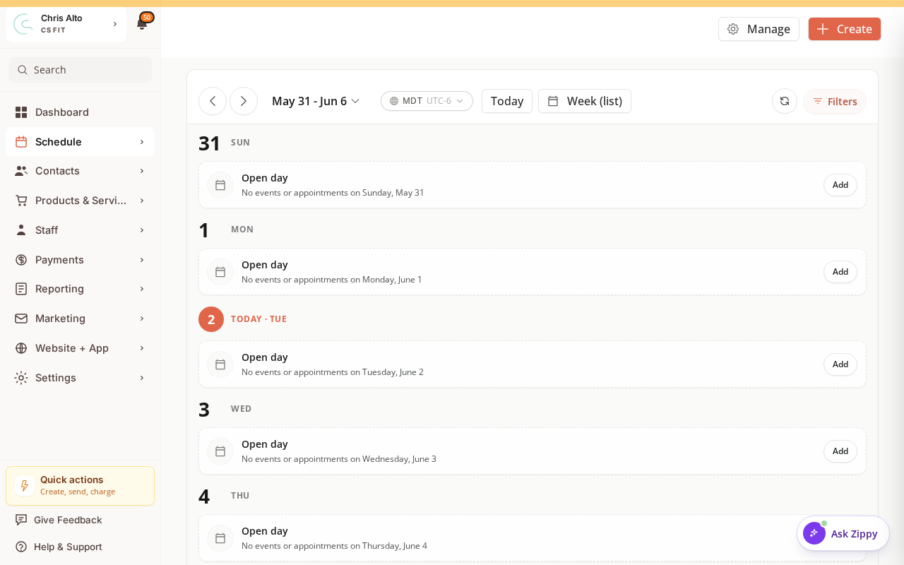 The Zipper admin calendar in Week (list) view, showing each day's sessions