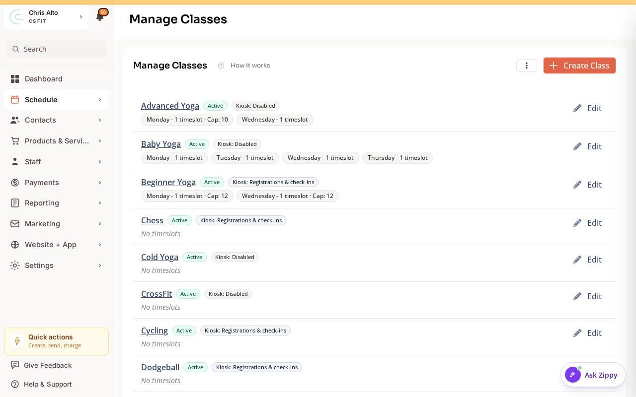The Manage Classes list showing class series with their timeslots, capacity, and kiosk settings