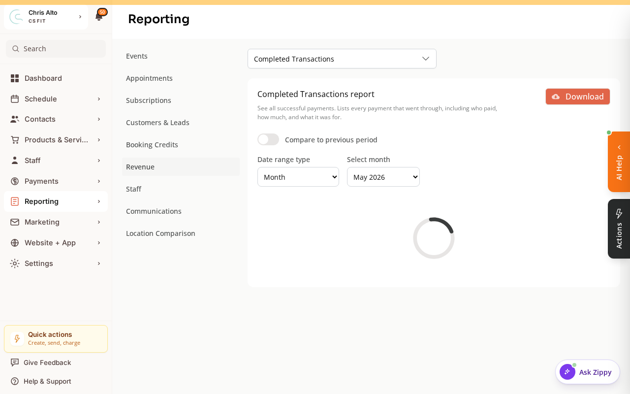 The Reporting page with the Revenue category selected and a report picker