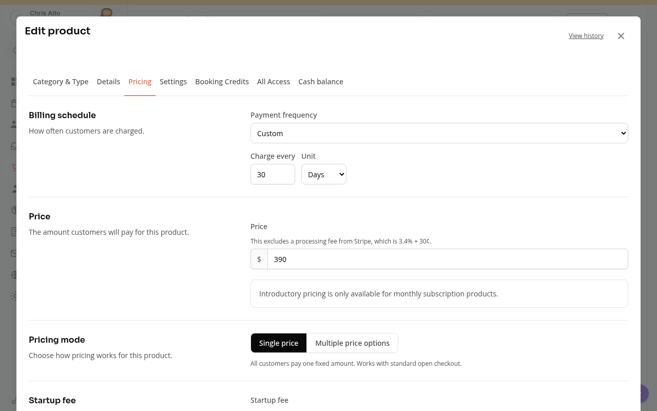 A custom recurring schedule with Charge every and Unit fields