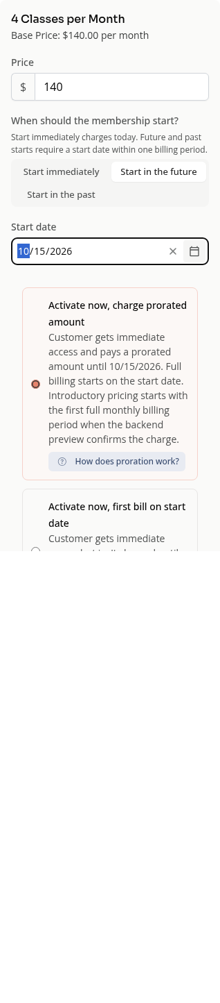 A future date with immediate-access billing choices on a phone