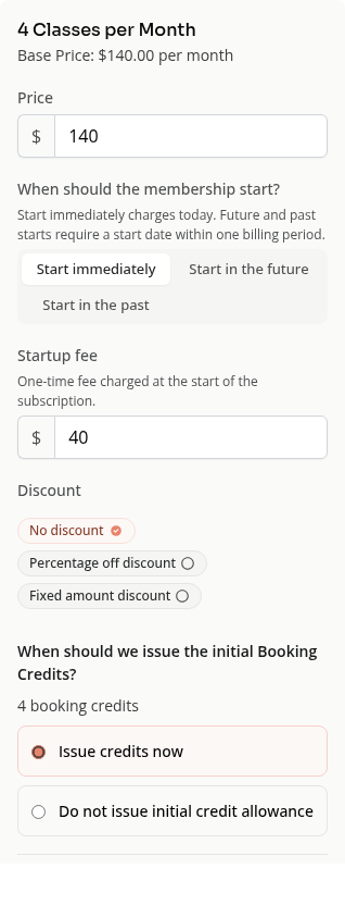 Immediate start and initial-credit choices on a phone