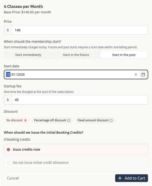 A membership product configured with Start in the past and a selected start date