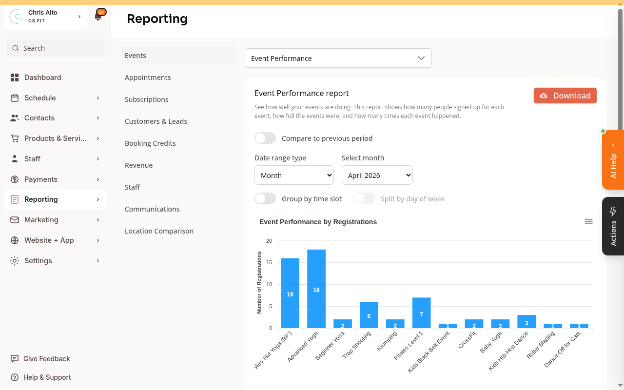 Reports page showing available report categories including payroll and revenue options