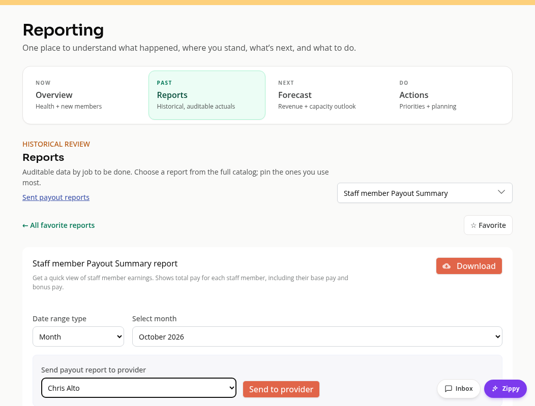 A staff payout report with period filters and earnings rows