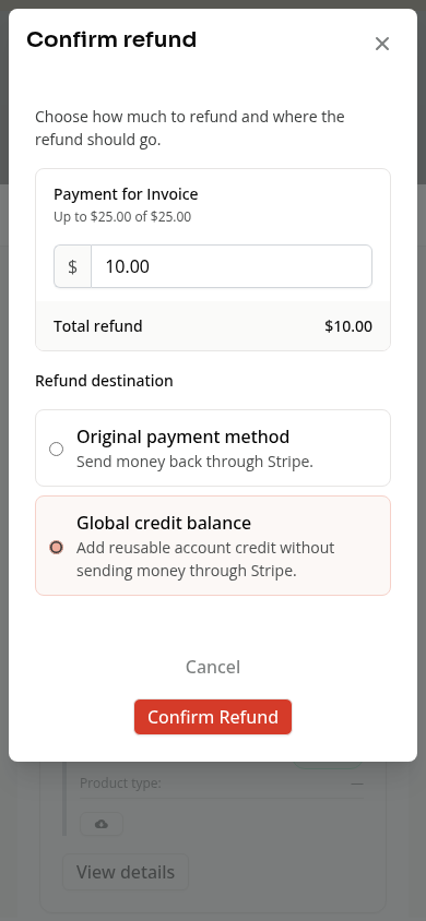 The Global credit balance destination selected on a phone