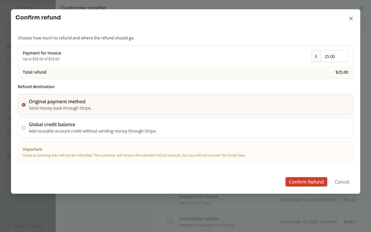 The refund dialog showing both refund destinations