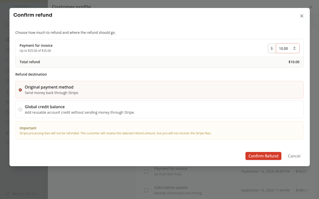 The refund dialog with a ten-dollar partial refund entered