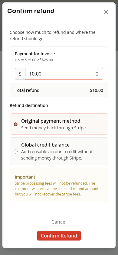 A partial refund amount entered on a phone