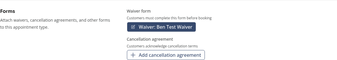 The Forms section of a shared appointment type