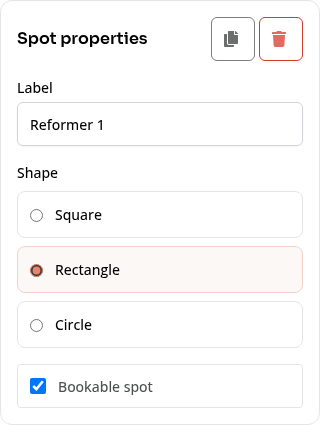 A selected spot's label, shape and Bookable spot controls