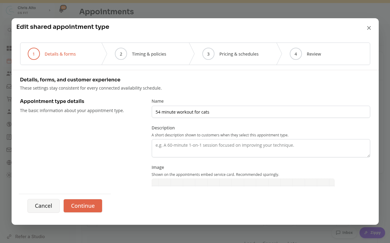 The shared appointment editor's Details and forms section