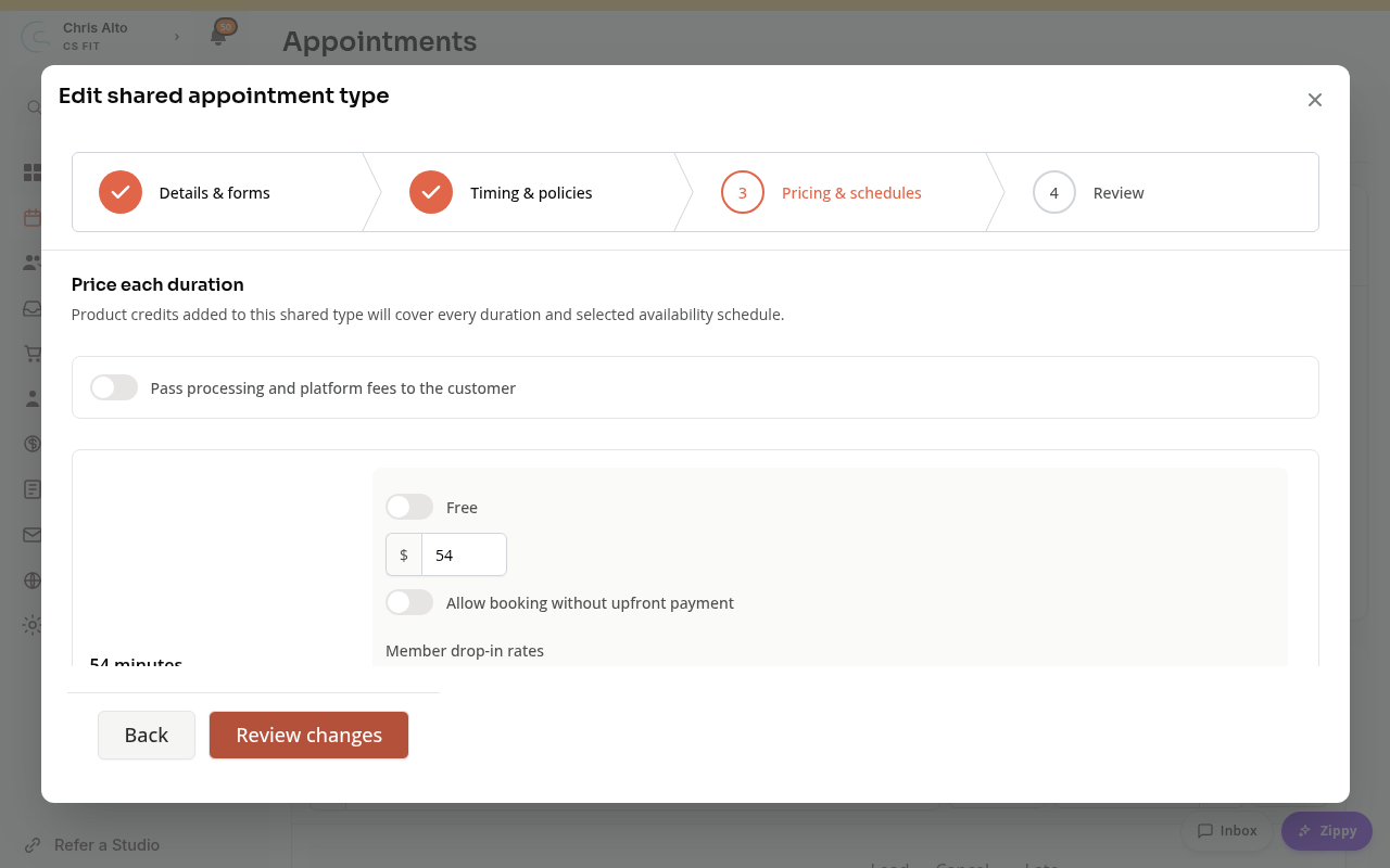 The Pricing and schedules step of the shared appointment editor