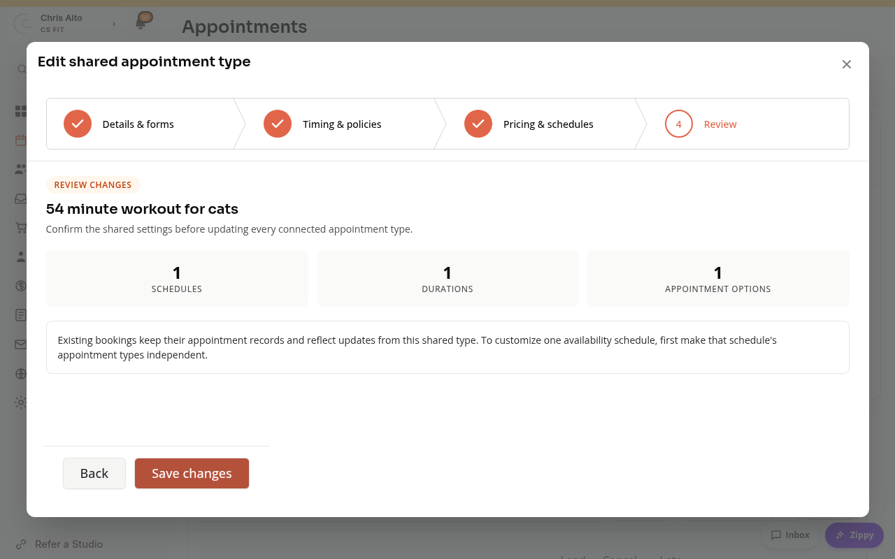 The review step showing the affected schedules, durations and appointment options