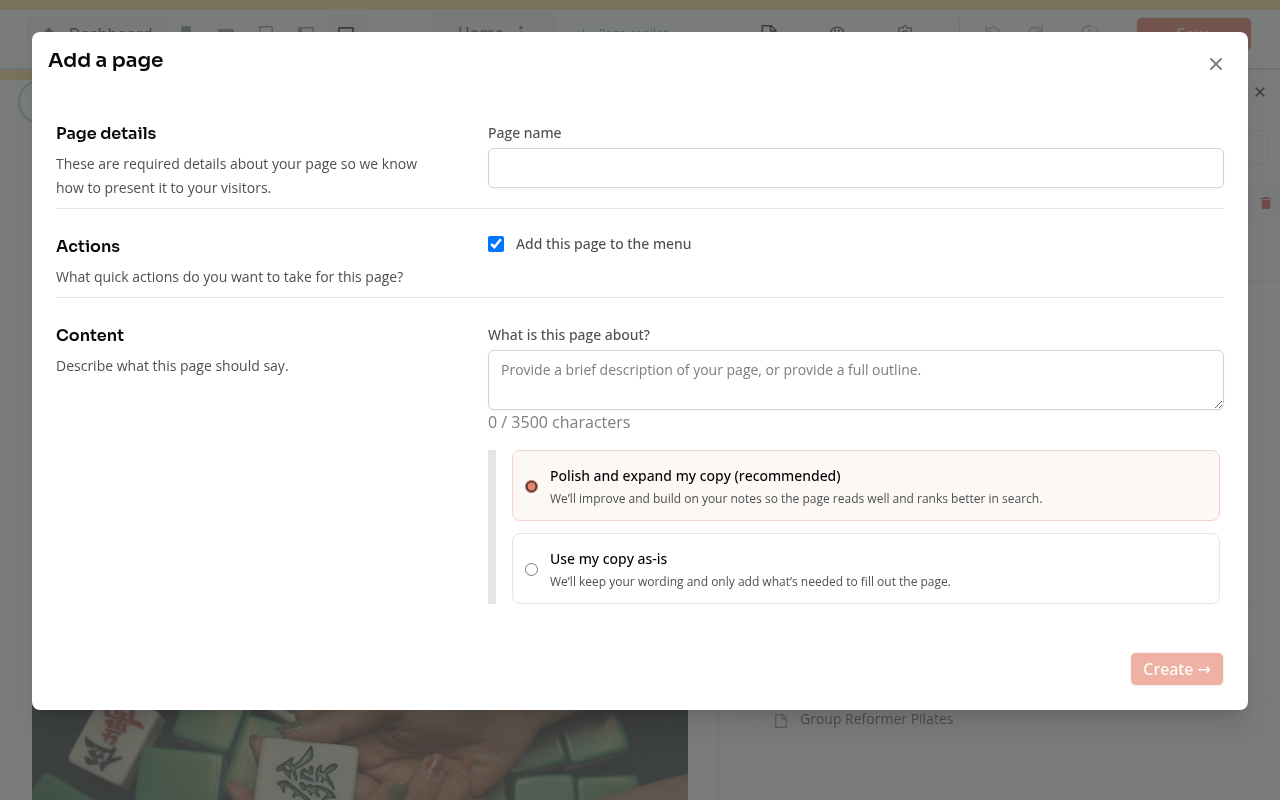 The AI page-start form with page details, menu choice and copy options