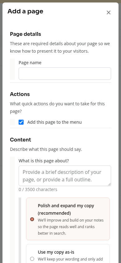 The AI page-description form on a phone