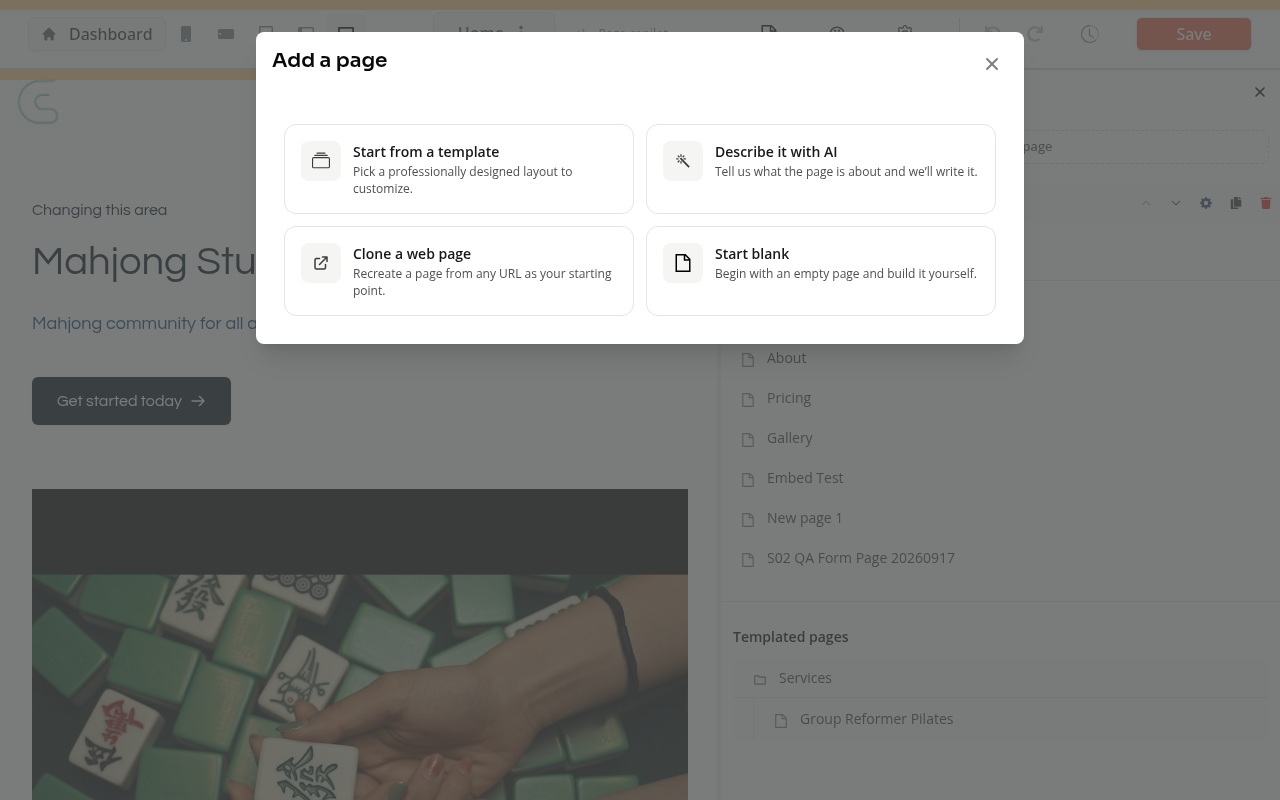 The Add a page chooser with template, AI description, clone and blank options