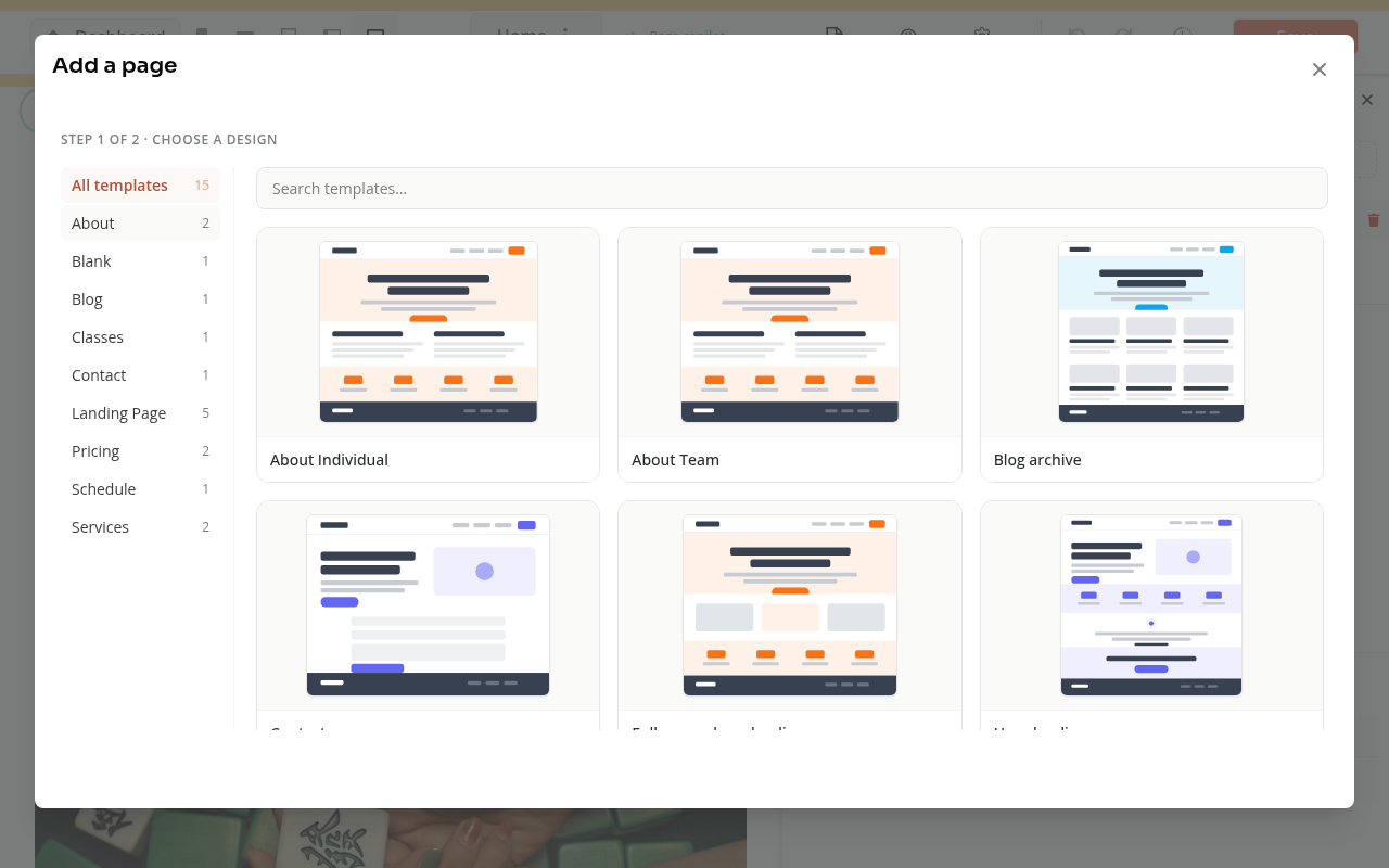 The page template gallery with categories and preview controls