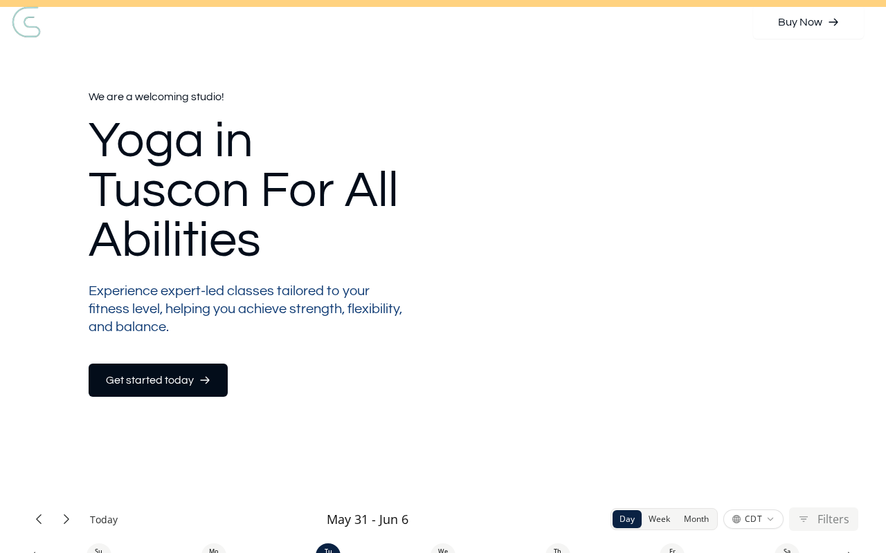 A customer-facing booking site with the studio hero and class schedule, where family members browse and book