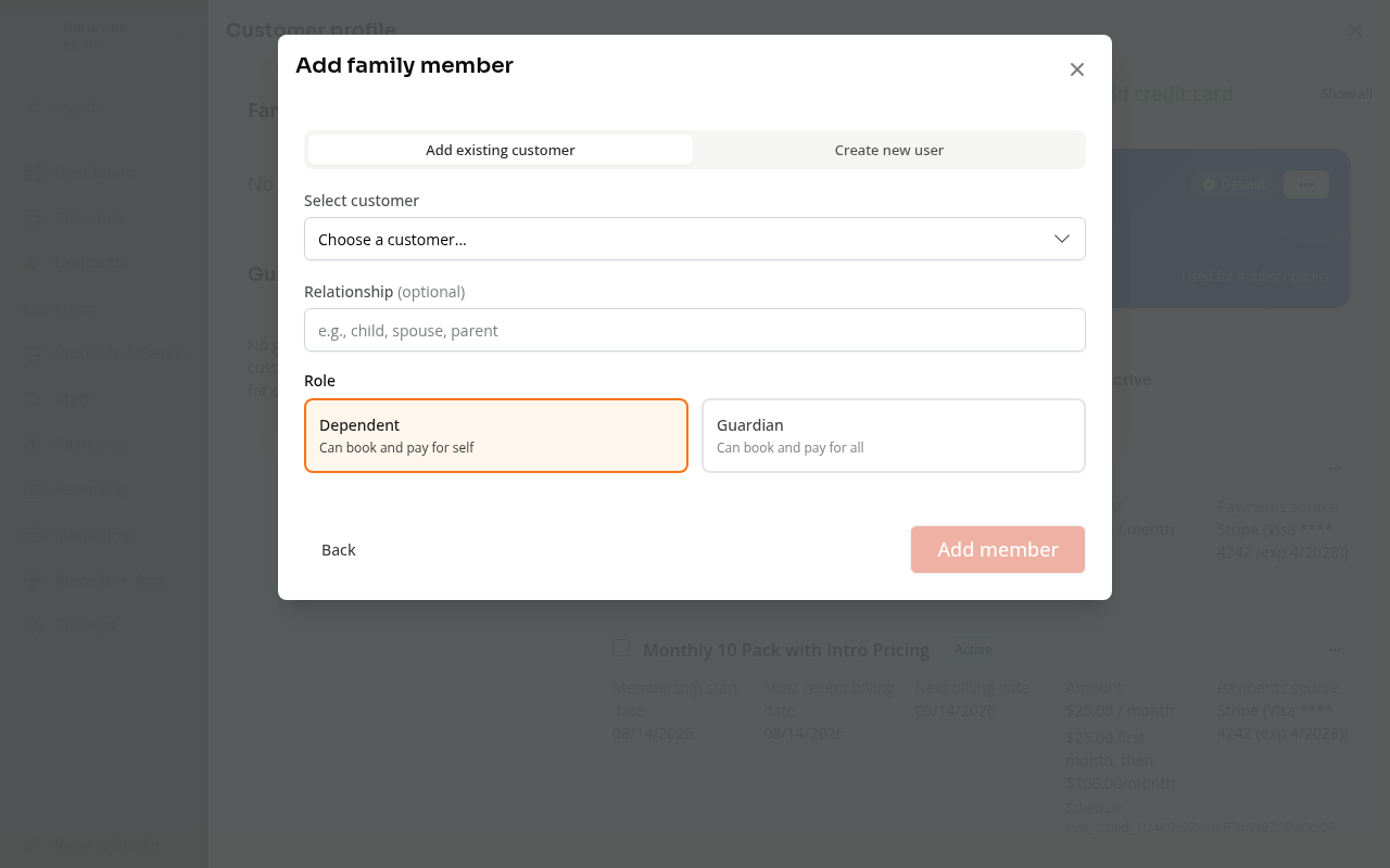 The staff Add family member form with existing customer, new user, and family role options