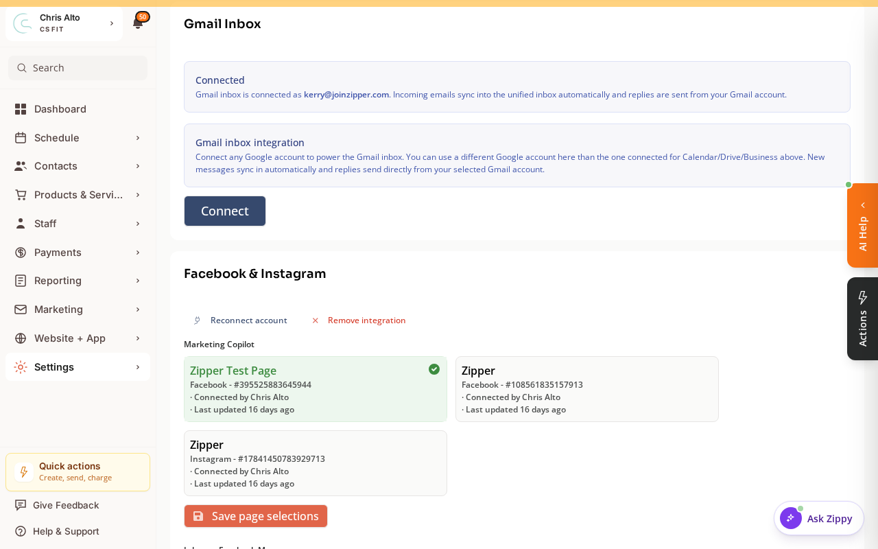 The Integrations page Facebook & Instagram section with connected pages, Reconnect account, and Save page selections
