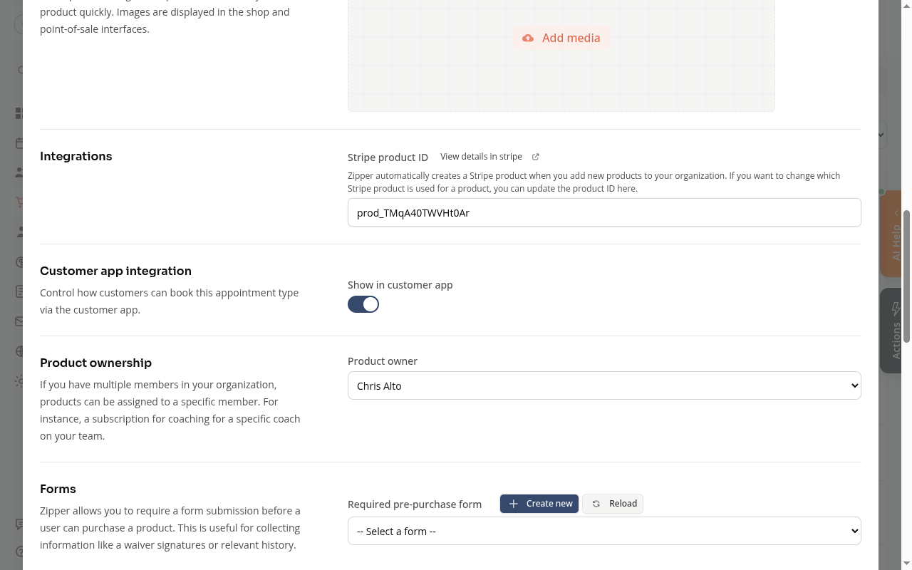 Product edit modal showing the Show in customer app toggle